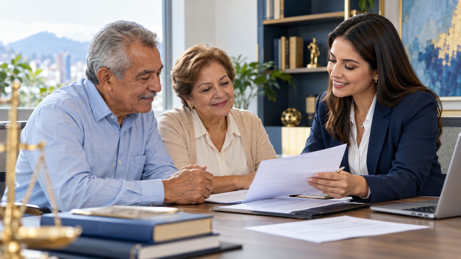 Abogada revisando documentos con una pareja de pensionados