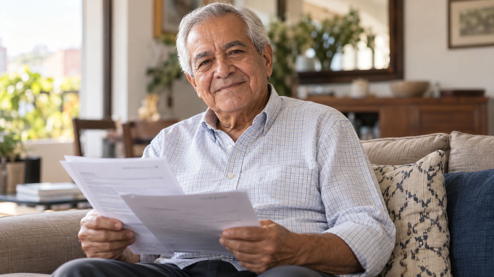 Pensionado sonriente revisando sus documentos en casa